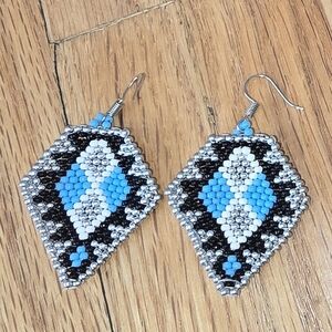 Handcrafted Beaded Earrings - Black, Blue, and Silver